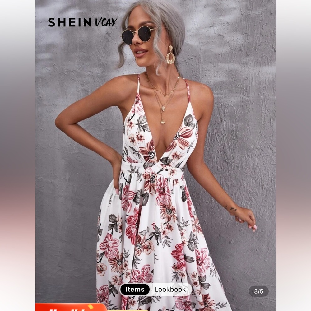 SHEIN Backless Floral Dress in White and Pink